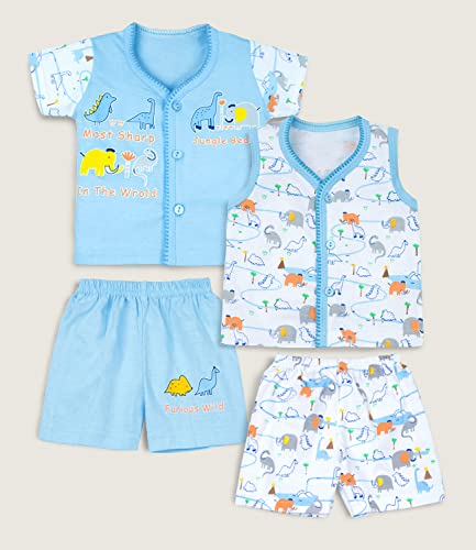 Image of mustmom Newborn Baby Cotton Jhabla Set | 0-3 Months | Combo of 1 T-Shirt, 1 Vest & 2 Shorts Set | Soft Breathable Summer Wear | Gift Set