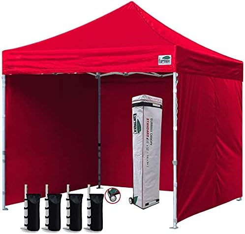 Eurmax 10'x10' Ez Pop-up Canopy Tent Commercial Instant Canopies with 4 Removable Zipper End Side Walls and Roller Bag, Bonus 4 SandBags(Red)