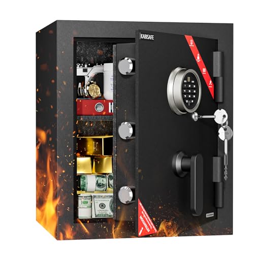 KABISAFE Fireproof Safe Box 79.8L, Black Wave Steel Security Safe with 1 Removable Shelf, Fingerprint (20 Users), Digital Keypad, Emergency Key for Cash, Jewelry, Documents KEF50