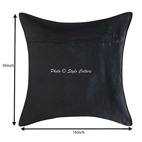Image of Decorative Brocade Cushion Covers 16x16 Inch Banarasi Jacquard Weave Black & Gold Drawing Room Decor Peacock Traditional Square 40x40 cm Zippered Sofa Settee Pillowcases -Set of 5 Pcs