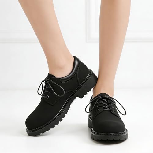 Image of Black Women's Oxford Shoes, Non Slip Work Office Dressy Brogue Shoes | Classic Smooth Leather Lace Up Oxford Brogues, Lightweight Comfort Platform Uniform Shoes for Business School Daily Wear