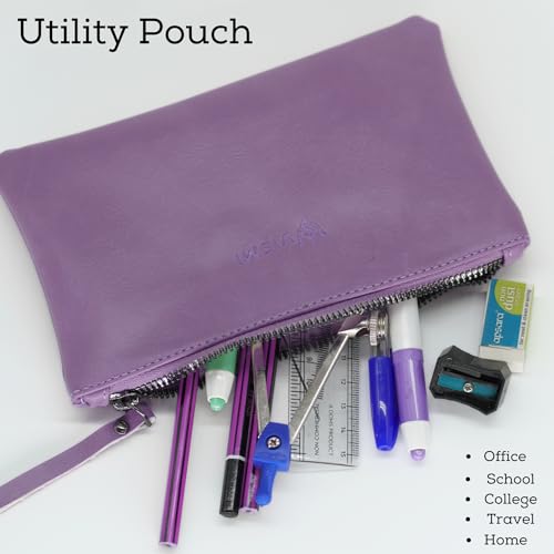 Image of VISMIINTREND PU Accessories Pouch for Stationery & Cosmetics - High Capacity Pencil Bag, Large Pen & Pencil Case for School, College, and Office (Lavender)