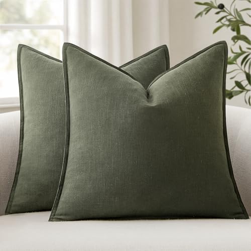 ANRODUO Decorative Linen Euro Sham Pillow Covers 24x24 Rifle Green 2 Pack