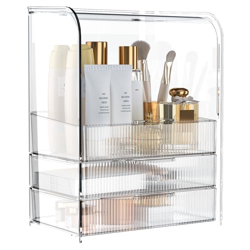GearFusion 3 Tier Clear Cosmetic Organizer, Makeup Display Case with Lid & Drawers, Countertop Dresser Vanity Storage Box, Beauty Holder for Skincare Lipstick Brush