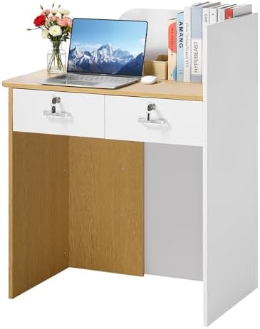 VEVOR Reception Desk, 31.5 inch Rectangular Front Counter Table, Modern Office Reception Desk with LED Light, 2 Drawers & Power Outlets, Retail Counter Table for Checkout, Lobby, Beauty Salon, Office