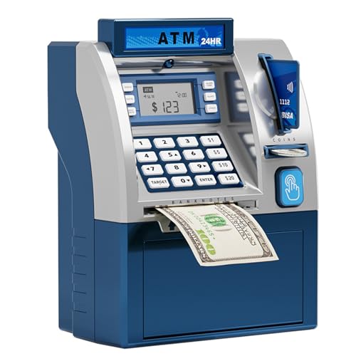 Alcancía interactiva para cajero automático con tarjeta, caja digital de ahorro de dinero para niños con reconocimiento automático de monedas, depósito manual de facturas, ajuste de objetivos de