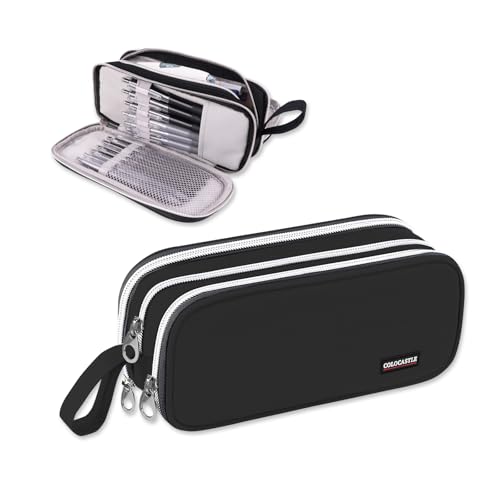 COLOCASTLE Federmäppchen Mäppchen Federmappe groß mit 3 Fächern Federtasche Mädchen Jungen Teenager Pencil Case Schlamppermäppchen für Schule Büro (Schwarz)