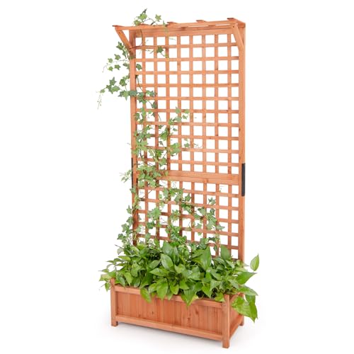 GOPLUS Blumenkasten mit Rankgitter, Pflanzkasten Holz mit Dach & Sichtschutz, Hochbeet mit Spalier für Kletterpflanzen, Gartenbeet mit Drainagelöchern, Pflanzkübel für Balkon & Garten, 75x33x183 cm