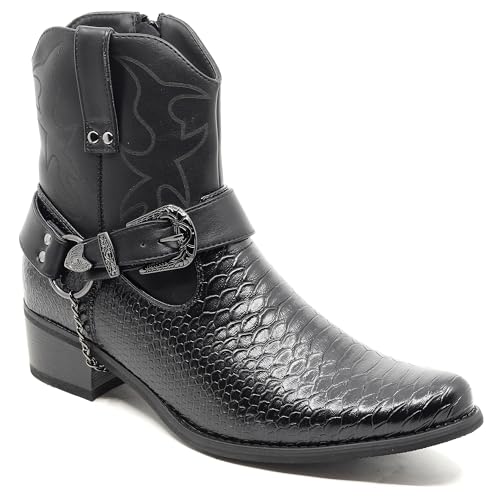 Metrocharm Western Cowboy Boots, Snake Pattern Synthetic Leather Upper, Metal Harness Detail WEST-01