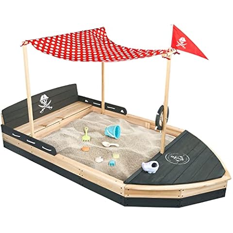 Piratenschiff Sandkasten aus Holz | Boot | Segelschiff | Sandkiste | Sandbox mit rotem Sonnensegel & Flagge, Abdeckung, Vlies Bodenplane, Kordel, Flaggenmast & Steuerrad für Kinder Anthrazit/Grau Cover