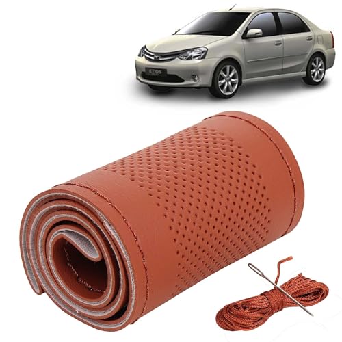 Image of KINGSWAY PU Leatherite Car Steering Cover Sewable Compatible with Toyota Etios (Year 2010 Onwards), Tan Color with Tan Thread, Pack of 1 with Sewing Needle and Thread