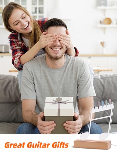 Light Up Guitar Pick Holder—Note-Shaped Cool Gifts for Music Lovers,Acrylic Guitar Pick Display and Storage With Wooden Base，Unique Guitar Accessories