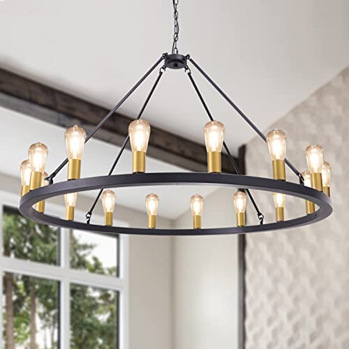 Wellmet Black Gold Wagon Wheel Chandelier 47 inch, 16 Lights Modern Farmhouse Extra Large Round Pendant Light Fixture Rustic Industrial Country Style Lighting for Dining Room, Living Room, Foyer