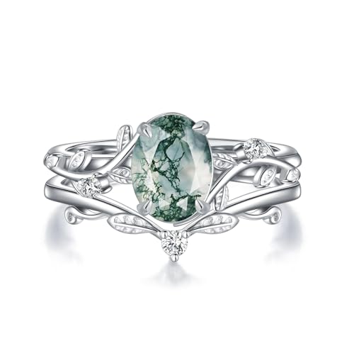 Natural Moss Agate Ring for Women 925 Sterling Silver Pear/Oval/Kite Cut Green Leaf Moss Agate Engagement Ring Promise Bridal Ring Set Anniversary Birthday Jewelry Gift-OMN9