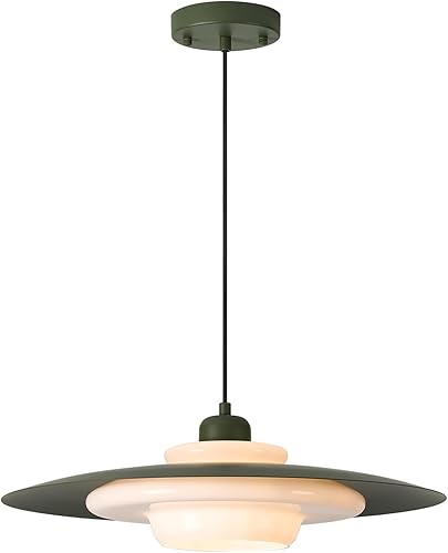 Miniatura 2 de TeHenoo Lámparas colgantes de mediados de siglo, pantalla verde oscuro, cristal blanco leche, iluminación colgante grande moderna ajustable para