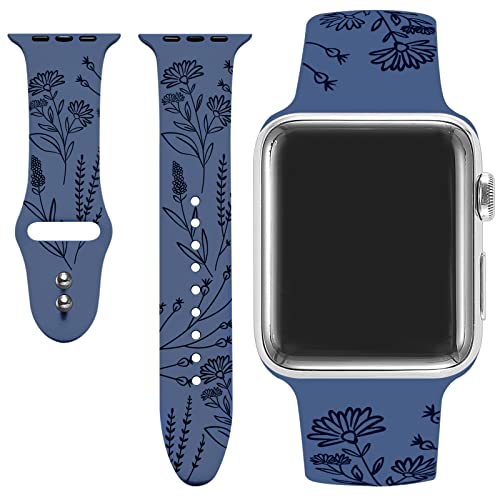 Apple Watch Band DMMG Compatible Ladies 45/44/42mm, Ladies Floral Laser Soft Silicone Print Fade-Free Pattern Replacement Strap for iWatch Series 7 6 5 4 3 2 1 SE/blue
