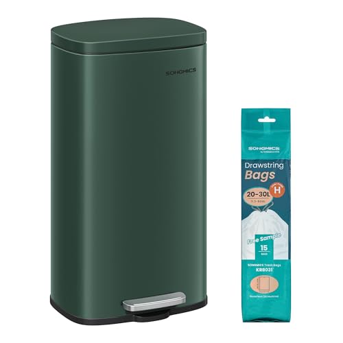 SONGMICS Poubelle Cuisine 30 L, Poubelle Bureau, Fermeture en Douceur, avec Pédale, en Acier, Seau Intérieur, Vert Rétro LTB003C02