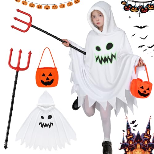 Disfraz de Fantasma Halloween para niñas y niños Cara de Fantasma que Brilla en la Oscuridad, Capa para niños de Halloween, Disfraces con Capucha, Bolsas de...