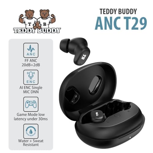 Image of TeddyBuddy T29 ANC, Active Noise Cancellation(~20 to 35 dB), 60Hrs Battery, Bluetrum Sound,v5.4 Bluetooth, Impedence 16Ω, Omnidirectional, Games Mode TWS Earbuds Wireless Earphones with mic (Black)