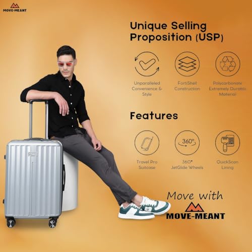 Image of Move-Meant Large ROAMIFY Check-in Suitcase 75 Cm 8 Wheels Number Lock Poly Carbonat Silver Trolley Bag for Men & Women | 360 Degree Wheeling System Luggage | Trolley Bags for Travel