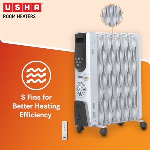 Image of Usha 4309 FSE Oil Filled Radiator 9 Fin Room Heater | Energy Efficient PTC Fan Heater with Remote, Digital Touch Panel & Eco Mode | 1-24 Hr Timer | White
