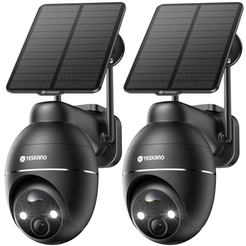 YESKANO Camara Vigilancia WiFi Exterior Solar 2K sin Cables Pack 2 para Dos Zonas, Panel Solar con Batería, 360° PTZ, Visión Nocturna Color, PIR, sin Suscripción (Negro)