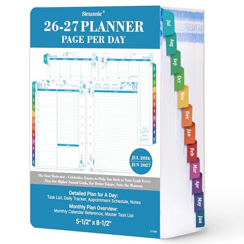2026-2027 Planner Refills July 2026 - June 2027 Daily Planner Refills 2026-2027 Two Pages Per Day Daily & Monthly Planner Inserts 8.38 x 5.51 Ring-Bound with Tabs