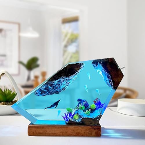 Image of Drawelry Ocean Creative Epoxy Resin Wood Light Lamp, Handmade Multi Color Aquatic Ocean Lamp Deep Sea Cave Diving Enthusiasts Led Night Light Desktop Decor Birthday Gift (Jellyfish, M)