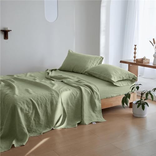 Simple&Opulence 100% Linen Sheet Set 4 Pieces Natural France Flax Bed Sheet (1 Flat Sheet, 1 Fitted Sheet, 2 Pillowcases) Breathable Luxury Hotel Bedding - Embroidery Sage Green, King Size - Thumbnail 4