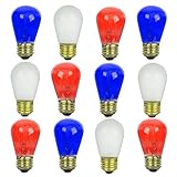 Sunlite 41492-SU S14 Incandescent Colored Party String Light Bulb, 11 Watts, Medium Base (E26), Dimmable, Mercury Free, Combo, Red White and Blue 12 Pack