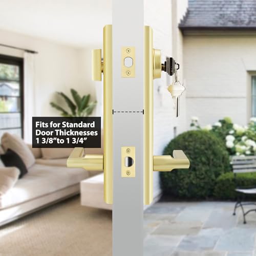 Image of Haidms Gold Front Door Handle - Entry Door Lever and Deadbolt Set, Modern Brushed Gold Exterior Door Lock Set, Square Front Door Handles