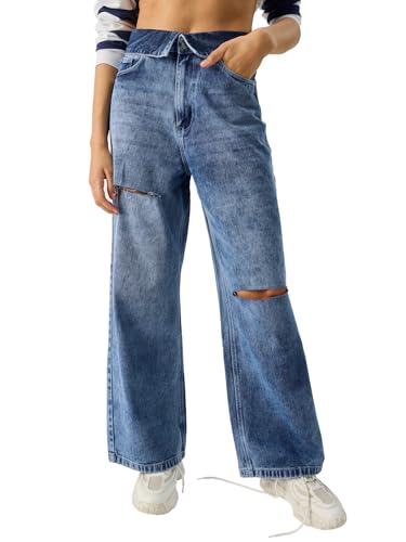 Jean en coton mélangé large droit femme et fille couleur frosty blue denim tendance