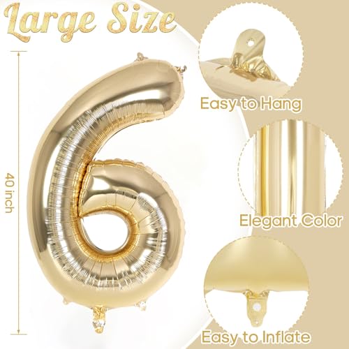 Image of Champagne Gold Large Number 6 Balloon, 40 Inch Light Gold Foil Helium Number Balloons, Giant Mylar Number 6 Balloons for 6 Years Old Birthday Party Anniversary Decorations