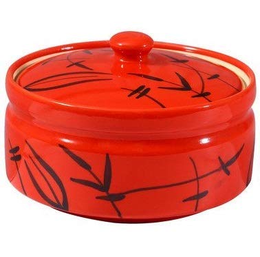 Image of Caffeine Ceramic Handmade Red Bamboo Serving Donga Casserole with Lid 500ml Small Stoneware