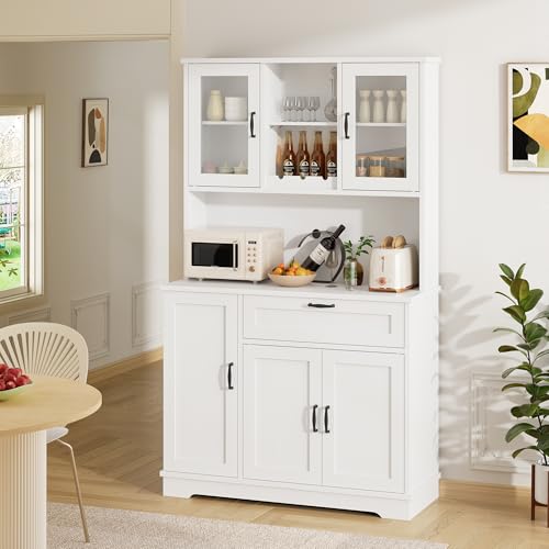 Image of Shintenchi Kitchen Pantry Storage Cabinet, Freestanding Buffet Cabinet with Microwave Stand & 4 Door Shelves, Kitchen Hutch with Doors, Adjustable Shelves and Wine Rack, White