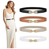 TRIWORKS 4 Pack Women Skinny Elastic Belt Ladies Fashion Stretchy Thin Waist Belt For Dresses Black/White/Brown/Beige