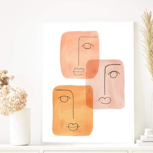 Art mural orange abstrait ligne de visage 50x70 cm pour décoration moderne