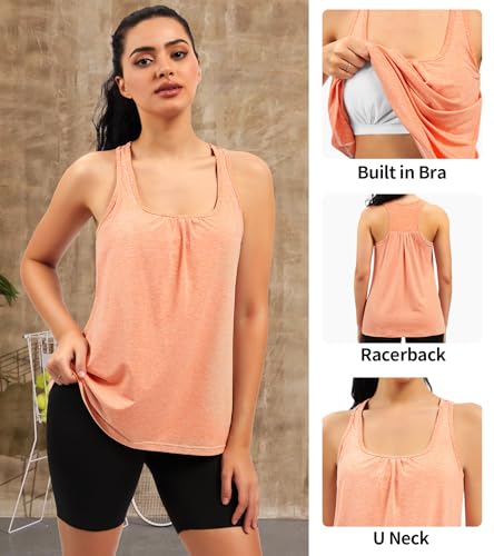 Women Racerback Built-in Bra Workout Tank Tops Round Neck Gym Shirts Orange - image 3
