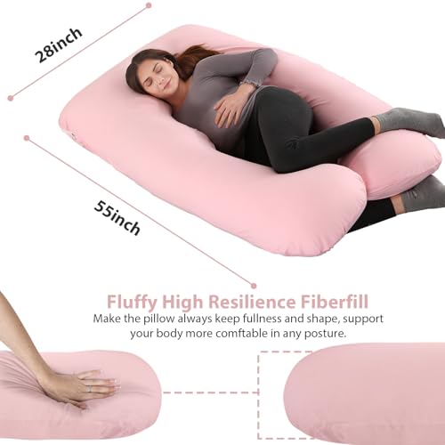 Image of Amagoing Pregnancy Pillow, 57 Inch U Shaped Maternity Full Body Pillow for Sleeping, Support for Women with Hip, Leg, Back Pain, Washable Jersey Cover, Gift for Pregnant Women (Pink)