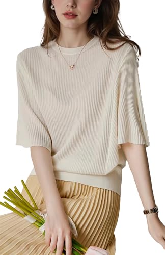 LAI MENG FIVE CATS Women's Summer Batwing Sleeve Round Neck Pullover Elegant Thin Knitted Sweater Shirt
