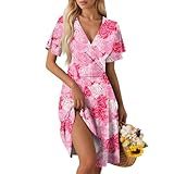 Summer Dress Short Ruffle Sleeve Linen Summer Dress Empire Waist Vestidos Verano Knee Length Vestidos Cortos para Mujer Sexy Empire Waist Sundress for Women(e Pink,Medium)