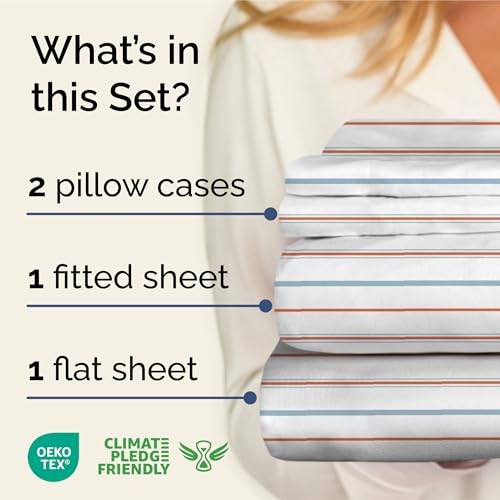 Image of Queen 4 Piece Striped Sheet Set - Breathable & Cooling - Red Blue Stripe | 1 Flat, 1 Fitted & 2 Pillowcases w / Deep Pockets, Luxury Striped Bedding, Soft, Breathable & Cooling, Wrinkle & Fade Free