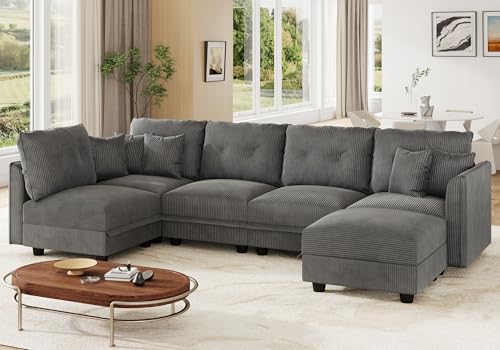 Image of LLappuil Modular Sectional Sleeper Sofa with Storage, U Shaped 6-Seat Corduroy Couch with 5 Throw Pillows, Convertible Sofa Set for Living Room & Small Space, Skin-Friendly & Soft, Grey