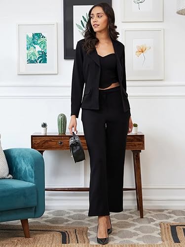 Image of Florely Women's Lycra Solid Three Piece Outfits Blazer Co-Ord Set Women Outdoor Wear Maxi Dress Crop top Party Dress Stylish Dresses