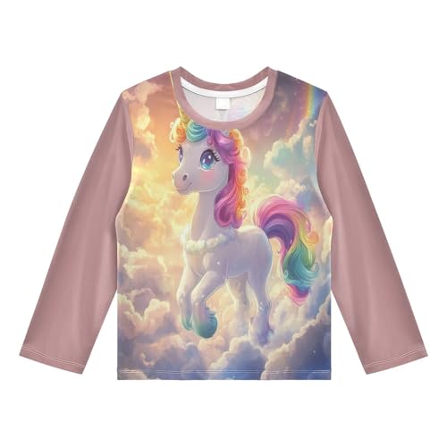 DOMIKING Unicorn Rainbow Golden Boys Long Sleeve Rashguard Shirt Kids Quick Dry Swim Shirt for Beach Pool Sport 11-12T