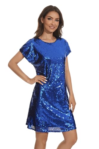 Image of Women's Crewneck Sequin Shift Dress Short Sleeve Casual Holiday Sparkly Party Dress