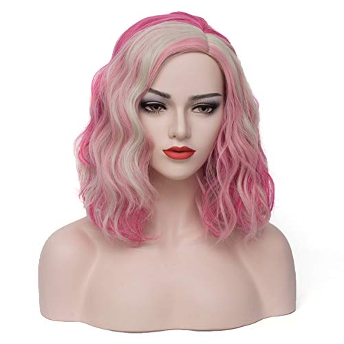 PATTNIUM 14 Inch Shoulder Length Wig Short Wavy Wig Multicolor Wig for Women and Girls Cosplay Costume Wig (Pink Mix Blonde)