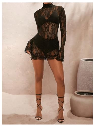 Image of BEAUDRM Women's Lace Mini Dress See Through Sheer Mesh Lingerie Dress Mock Neck Bodycon Dresses Party Outfits Clubwear