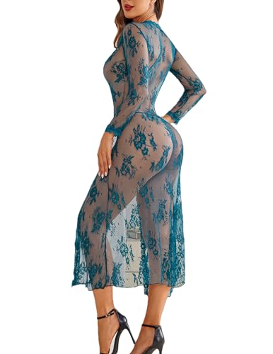 Avidlove Lingerie for Women Sexy Long Lace Dress Sheer Gown See Through Kimono Robe(Blue Green，M)