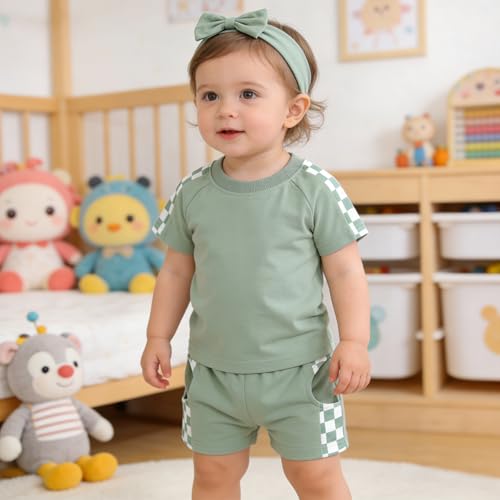 AMAWMW Infant Baby Girl Clothes 12 18 Months Short Sleeve T Shirt Top Casual Shorts Headband Set Summer Outfits Green — view 2